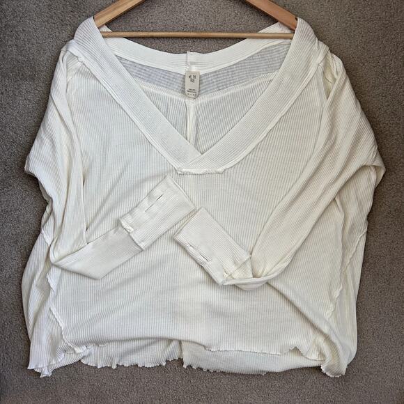 We the Free Ocean View Ribbed Ivory Boho Oversized Deep V neck Top Size L - Picture 9 of 11